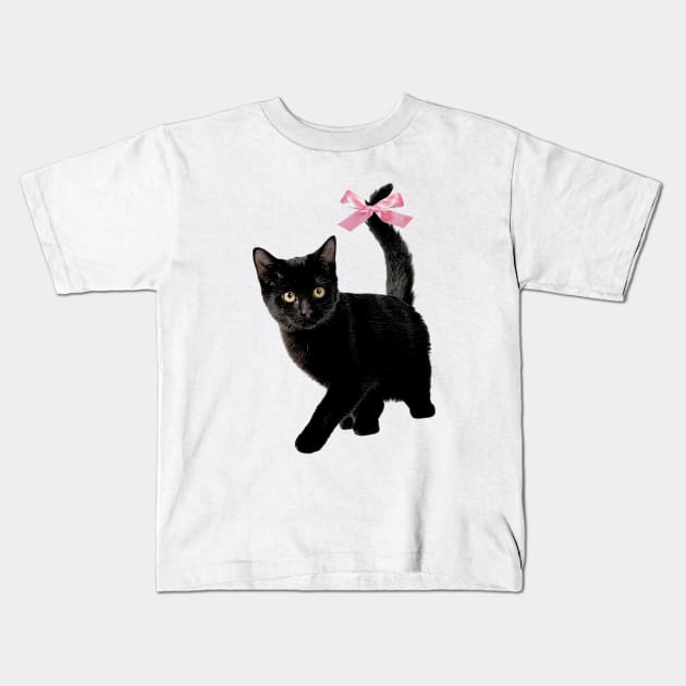 Cat with bow, coquette clothing, 90s Style T-Shirt, Pinterest Aesthetic Clothing, Cat lover Kids T-Shirt by Justin green